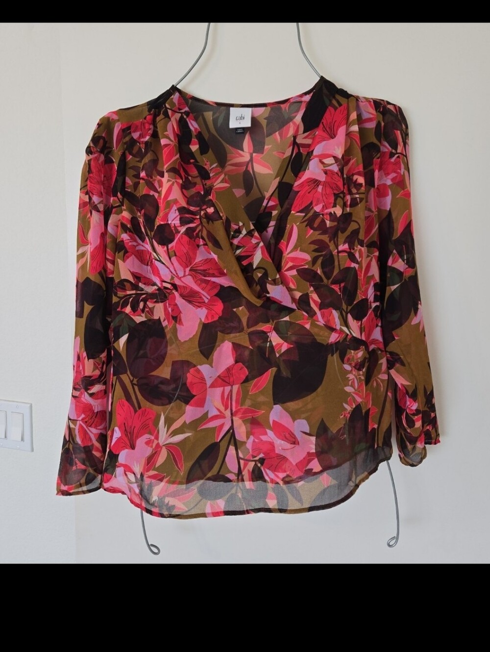 CAbi Pink Floral Wrap Blouse with Olive and Black Leaves